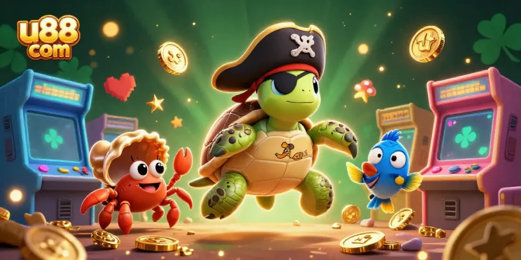 Engage with the thrilling atmosphere of u88 com featuring a colorful sea adventure with a pirate turtle, crab, and vibrant game elements.