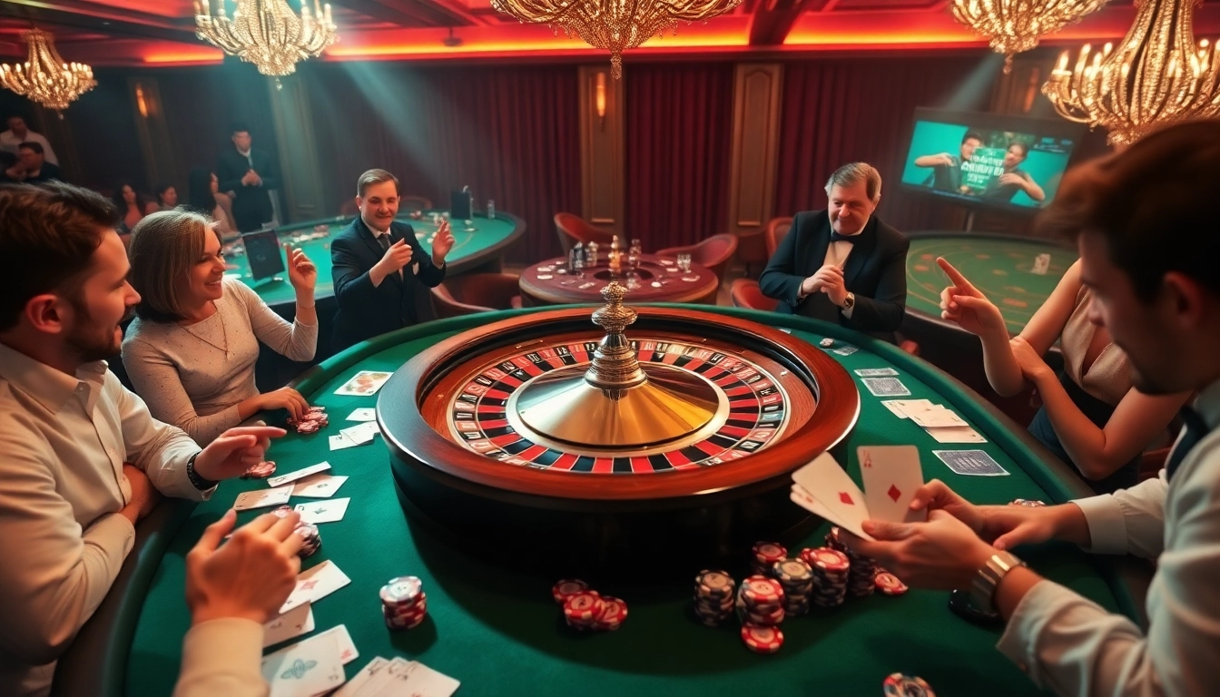 Players enjoying a thrilling game at 23win1.de.com casino table with vibrant chips and cards.