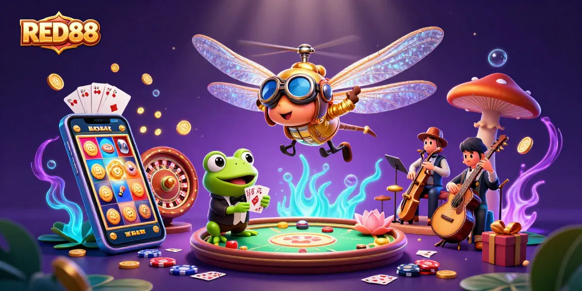 Experience the excitement of RED88 with a vibrant casino scene featuring a dragonfly pilot and frog croupier.