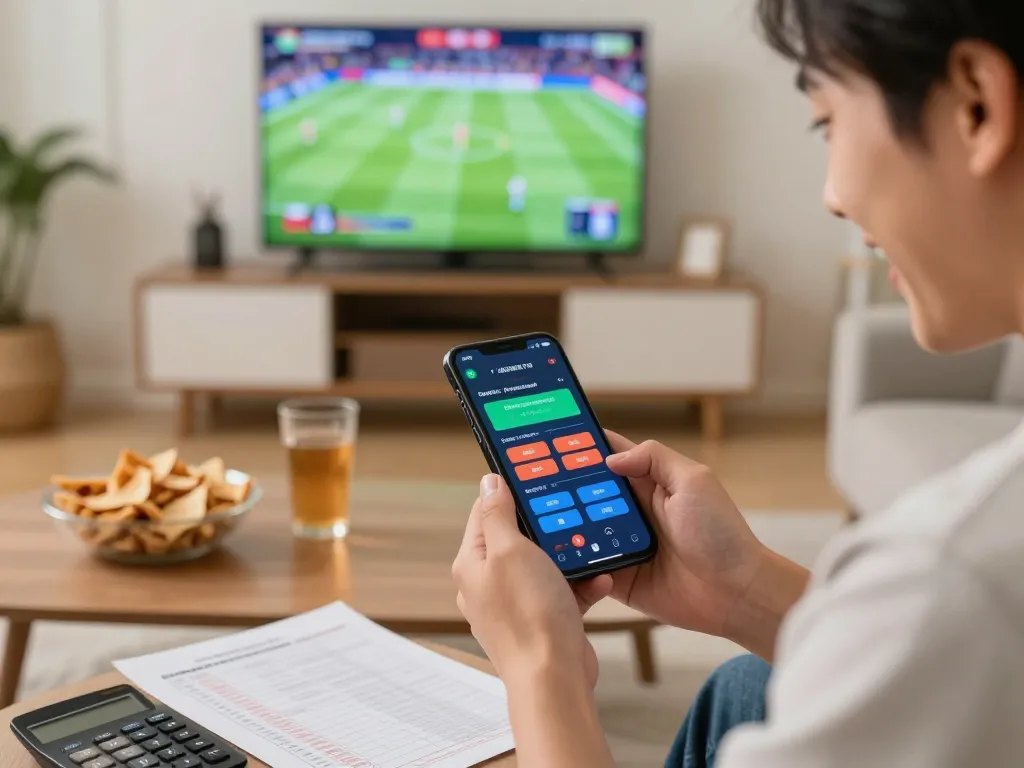 Engaging betting moment on TIP88 app during live sports event in a cozy home