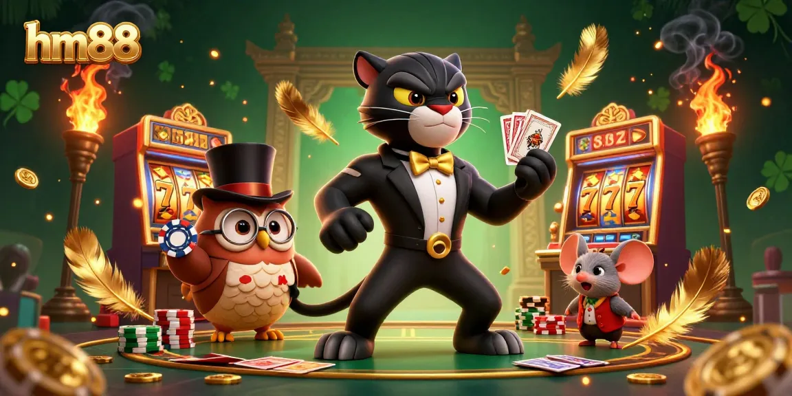 Join the excitement at hm88 with a stylish panther dealer and charming owl, playing cards amidst golden slot machines.