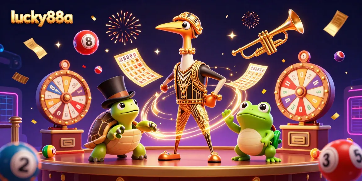 Win big at lucky88a with this lively casino-themed illustration showcasing fun games and vibrant characters.