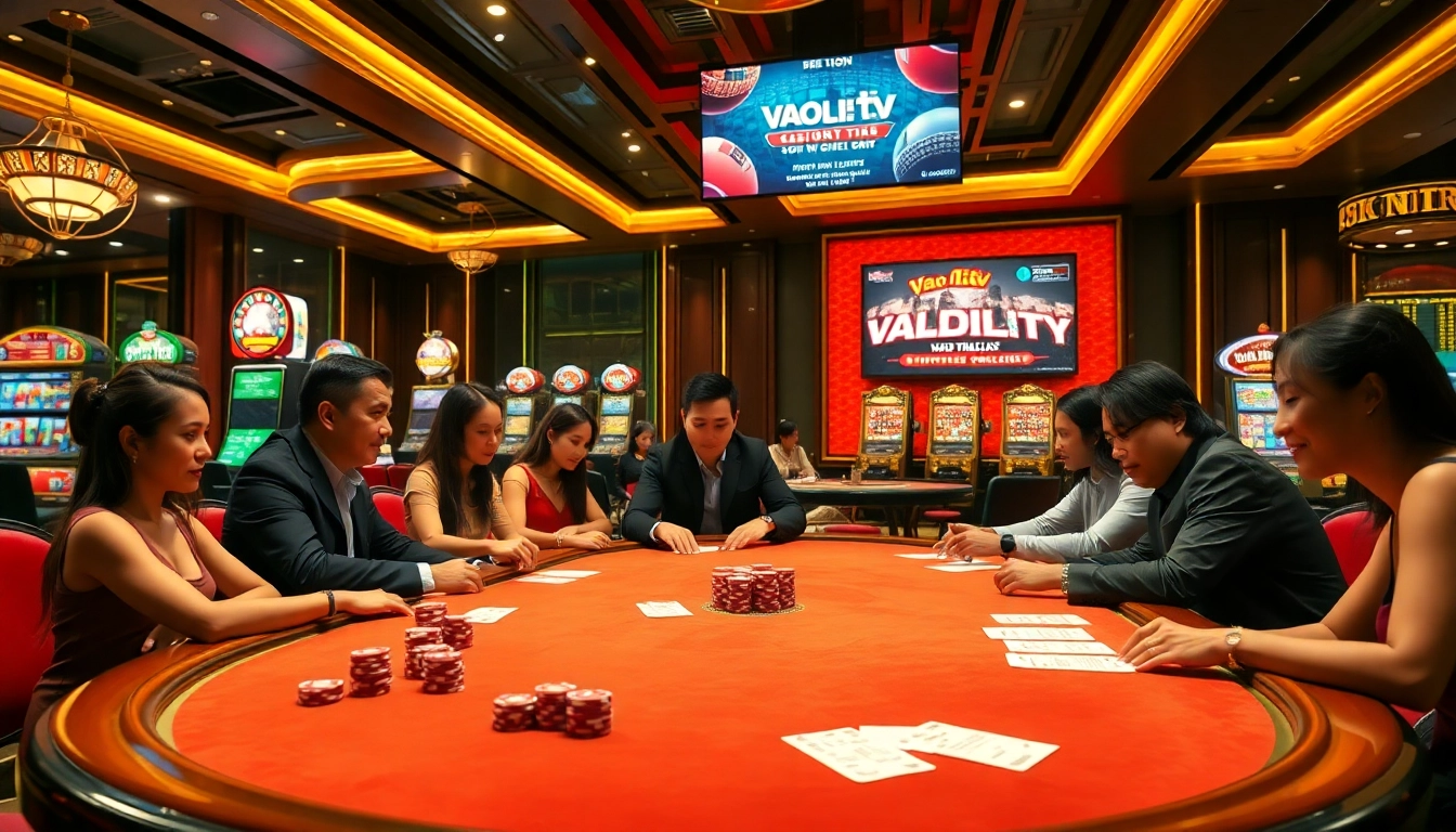 Players experiencing the thrill of Vào Lưới TV in an exciting casino atmosphere filled with poker and betting action.