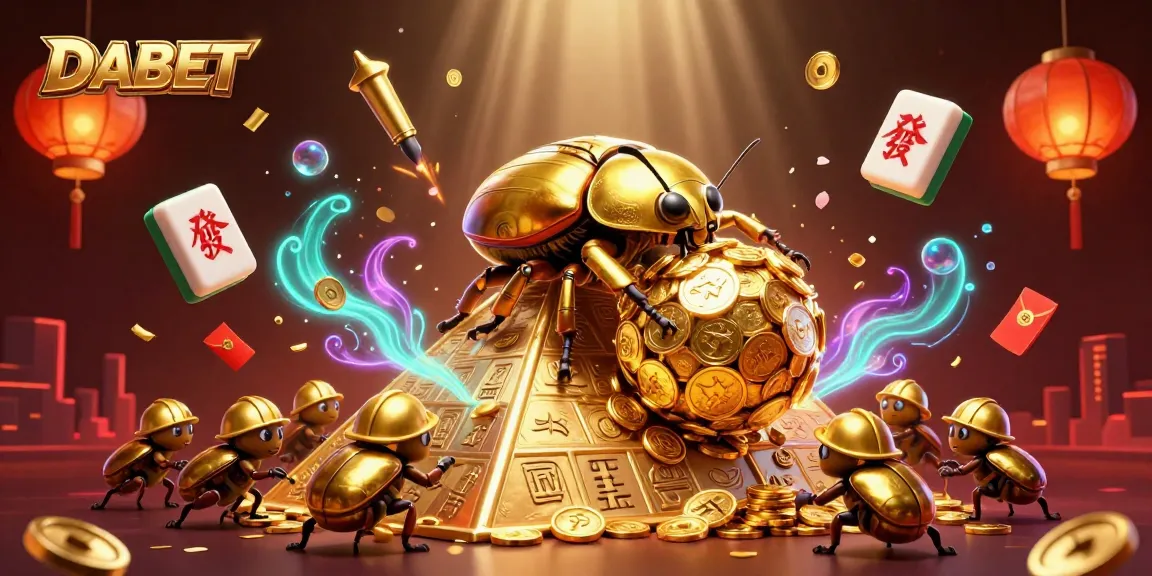 DABET players engaging with a vibrant 3D scene of golden beetles and casino symbols, experiencing excitement.