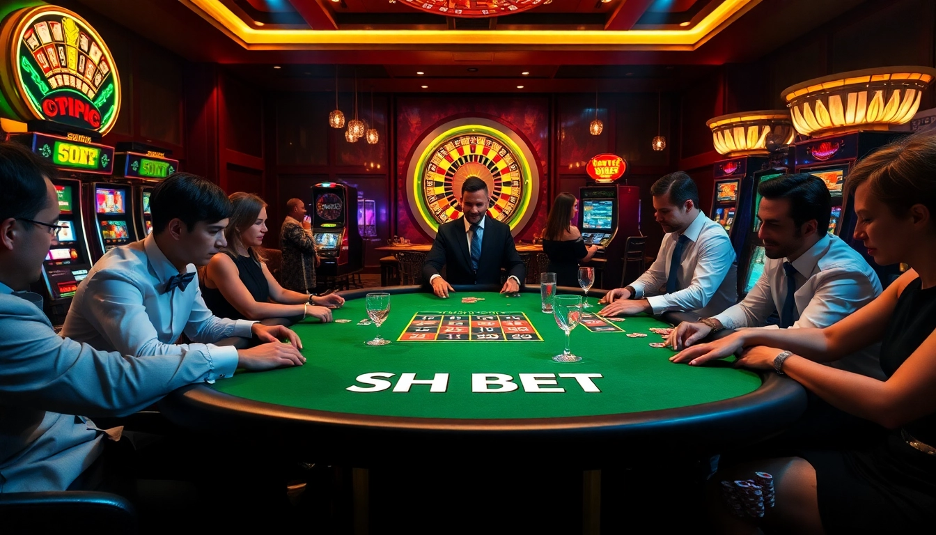 Players enjoying high-stakes action at the SH BET gaming table in a luxurious casino atmosphere.