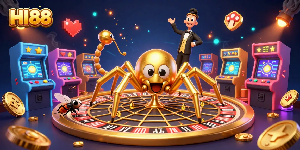 Experience thrilling gameplay at HI88 with a golden roulette spider and colorful arcade machines.