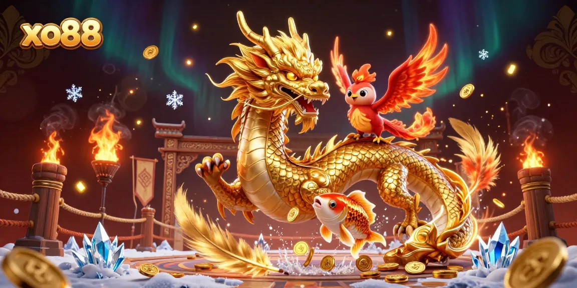 Experience the excitement of xo88 with a dragon and phoenix amidst casino elements and golden coins.