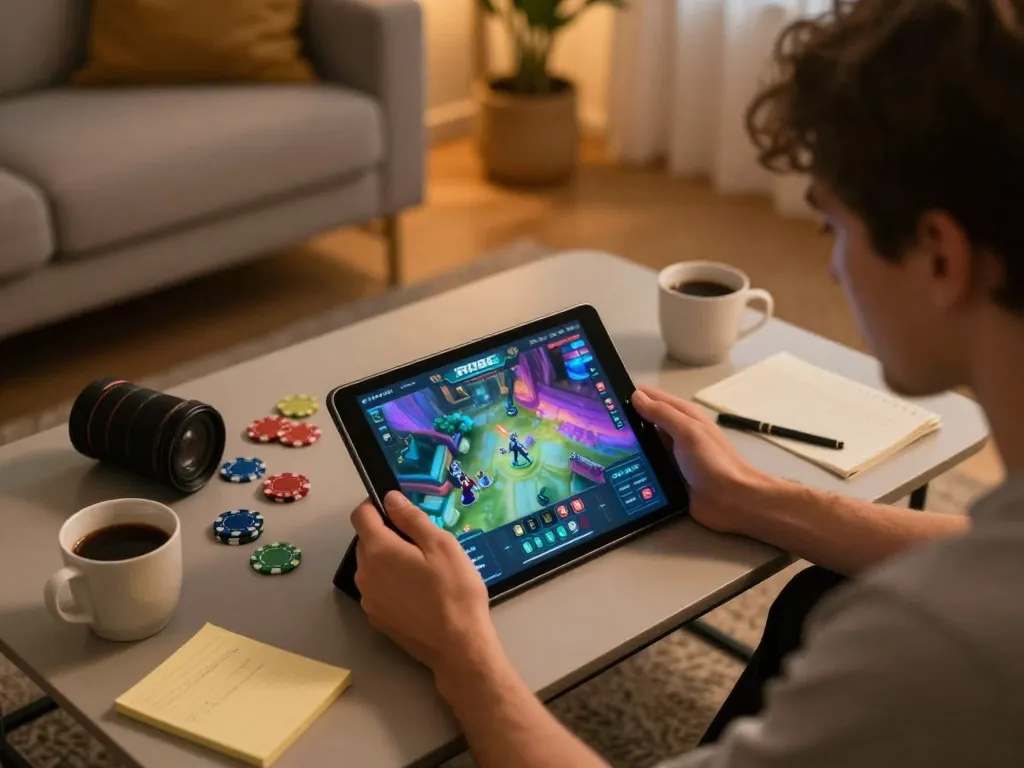 Engaging RR88 online gaming session with a player strategizing over a tablet