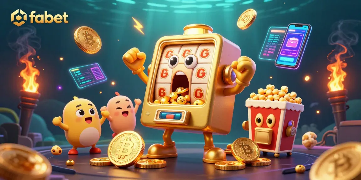 Win big with fabet's golden slot machine, celebrating a jackpot amid dazzling crypto coins.