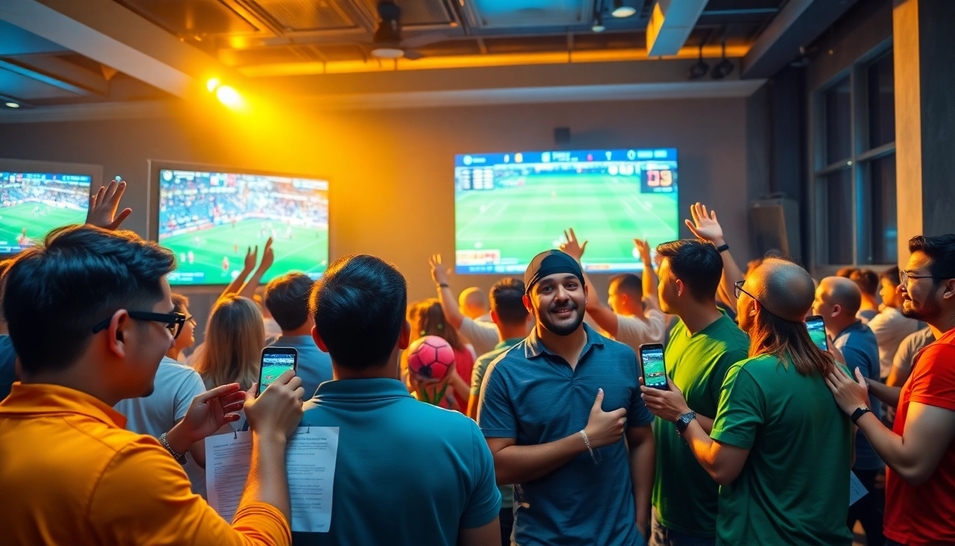 SBOBET betting scene showcasing enthusiastic bettors engaging with live sports on screens.