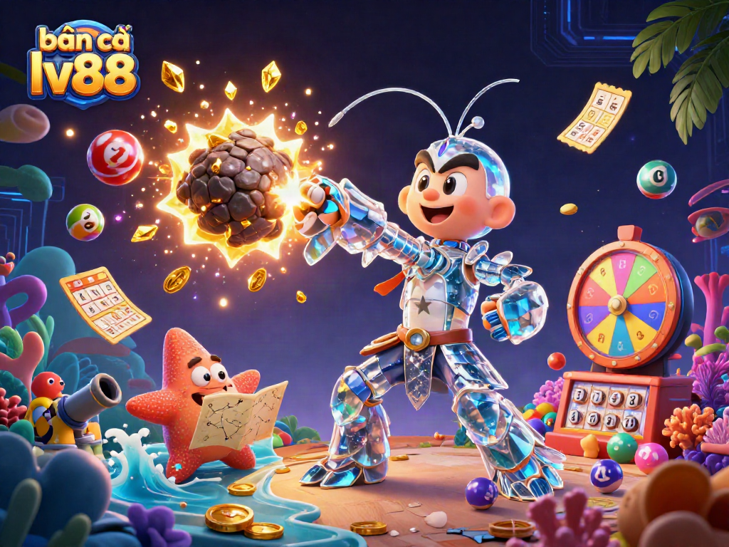 Bắn cá lv88 gameplay featuring a vibrant 3D scene of a galactic samurai and starfish amidst golden treasures and dynamic game elements.