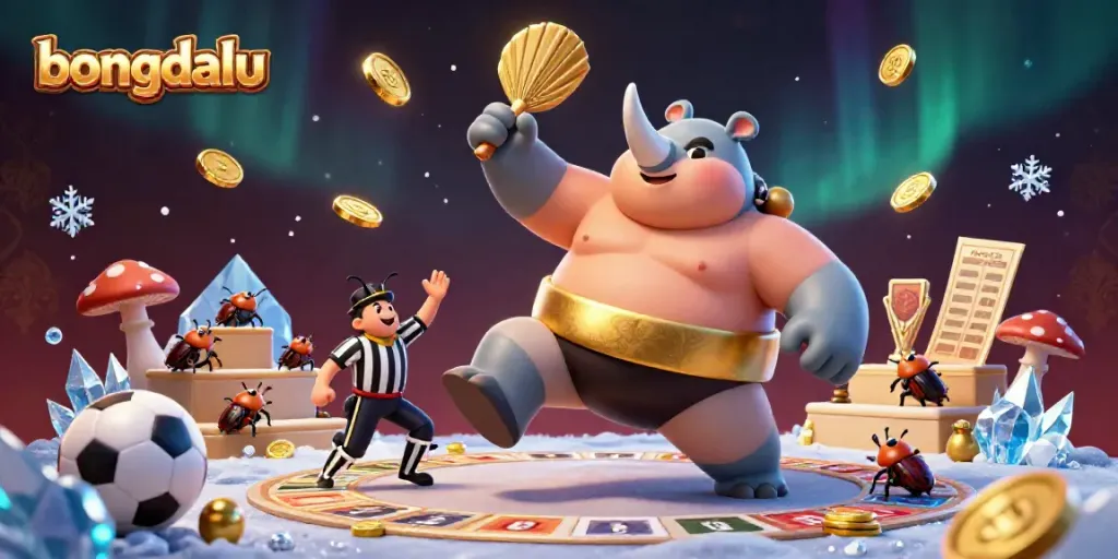 Bongdalu features a dynamic sports betting scene with a beetle champion amidst flying coins and trophies.