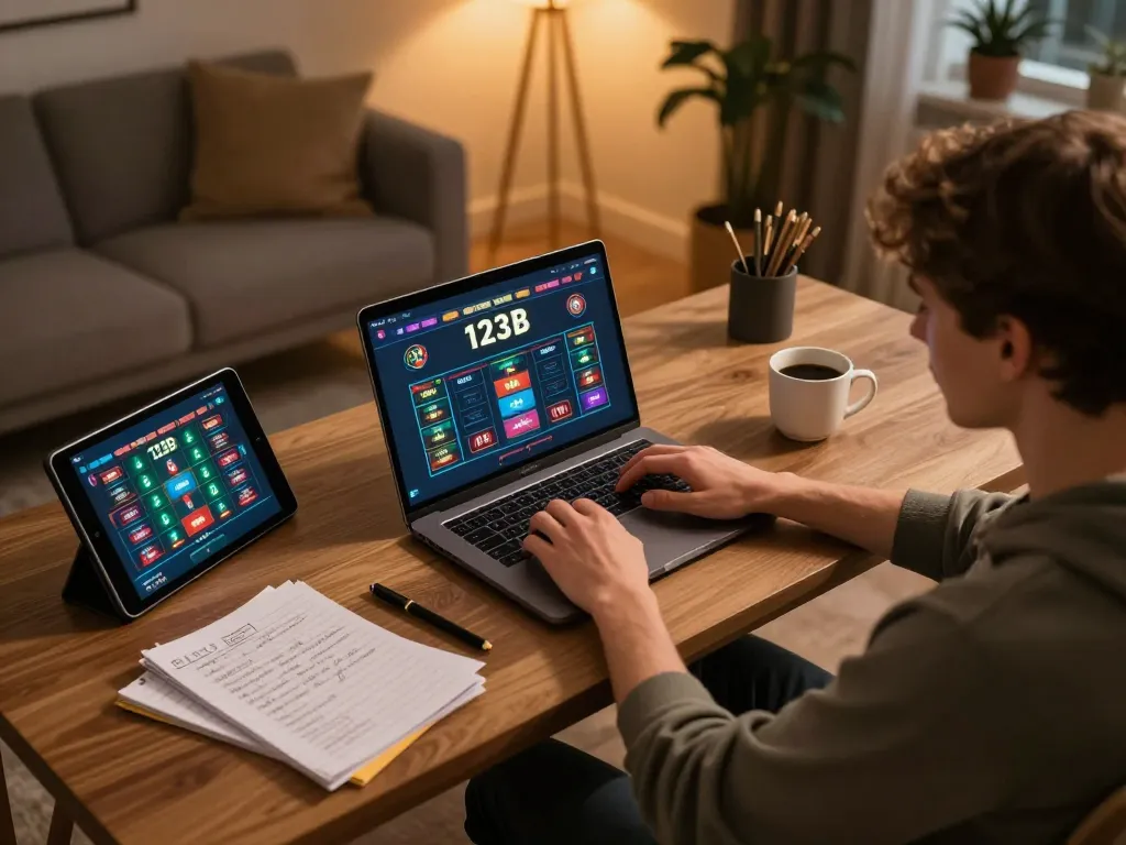 Engaged player using laptop for 123B online casino gaming, showcasing interactive interface and strategic notes