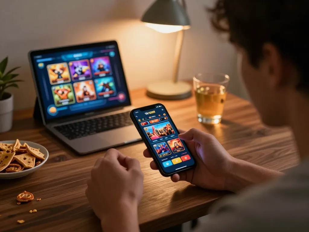 TẢI GO88 mobile app displayed on a smartphone, player engaged in online gaming, cozy atmosphere with snacks.