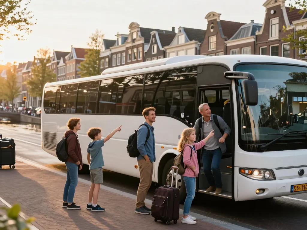 Taxi bus Amsterdam die een gezin met bagage vervoert nabij de prachtige grachten van Amsterdam.