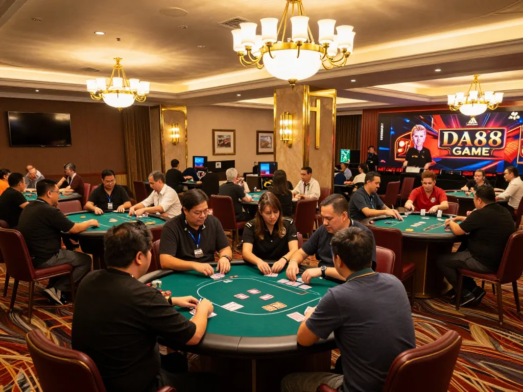 Engaged players enjoying DA88 GAME at vibrant poker tables under elegant lighting.