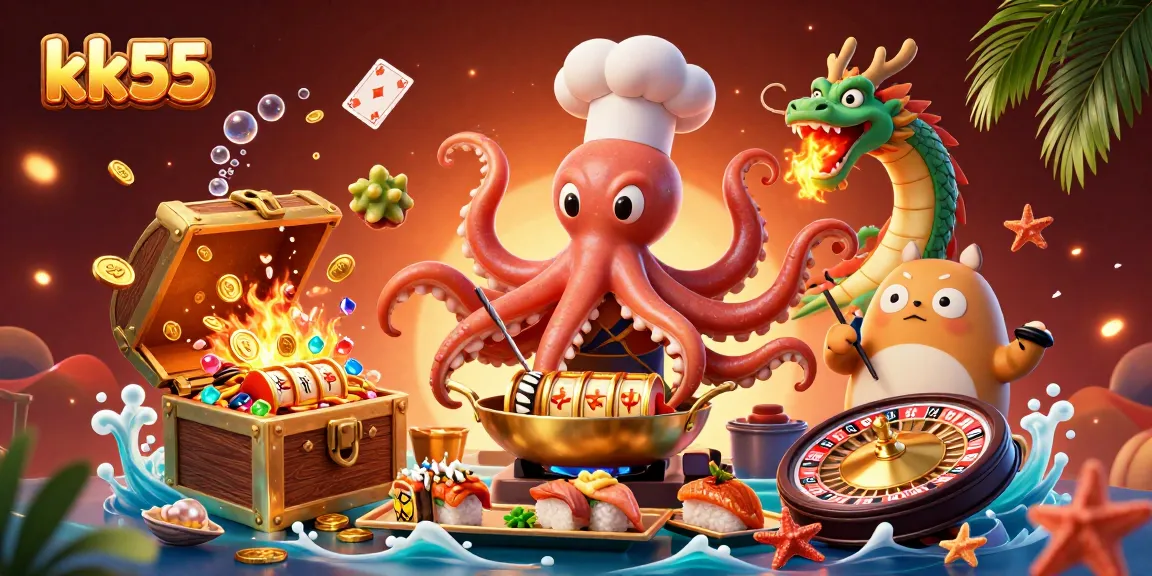 Experience thrilling moments at kk55 with a dynamic casino scene featuring a sushi chef octopus, dragon, and tanuki.