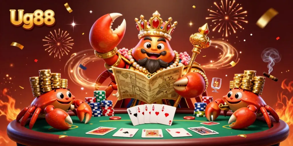 Engage with Ug88's vibrant casino scene featuring a golden crab emperor and hermit crab servants.