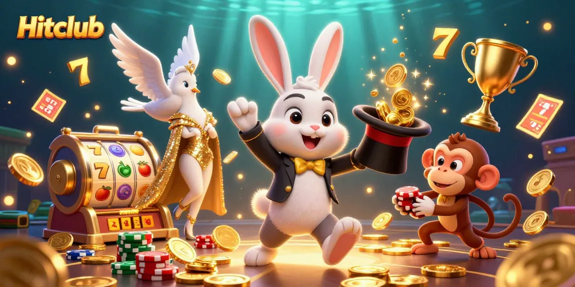 Experience thrilling gameplay at Hitclub with a magician pulling coins, gaming elements, and a dynamic casino scene.
