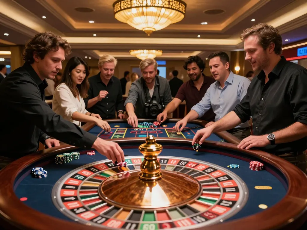 CM88 players cheering around a live roulette table in a bustling casino atmosphere