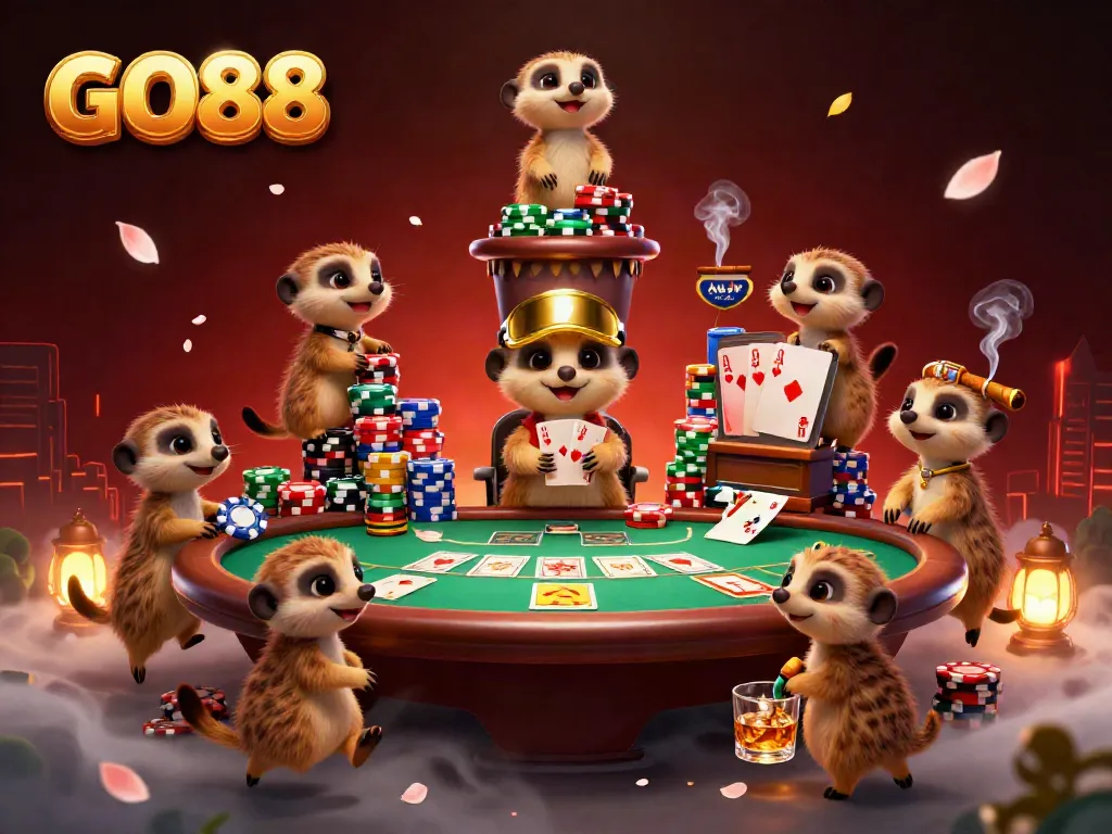 GO88 meerkats operating a vibrant casino scene filled with poker elements and dynamic action.