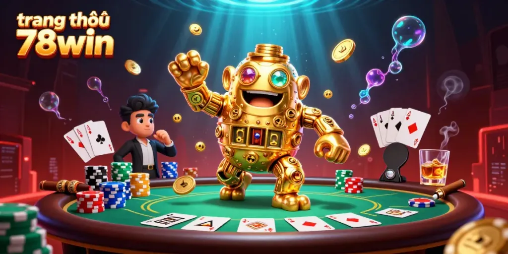 Experience the excitement of gaming at trang chủ 78win with a golden golem icon and poker scene.