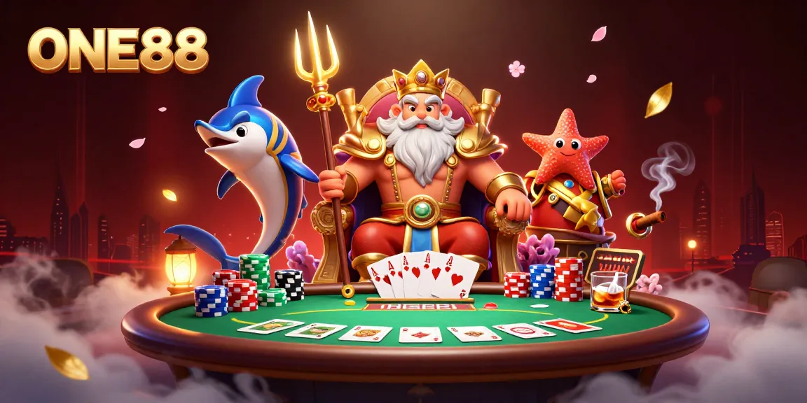 Engage with ONE88's vibrant casino atmosphere featuring dynamic gaming elements and a playful sea king.