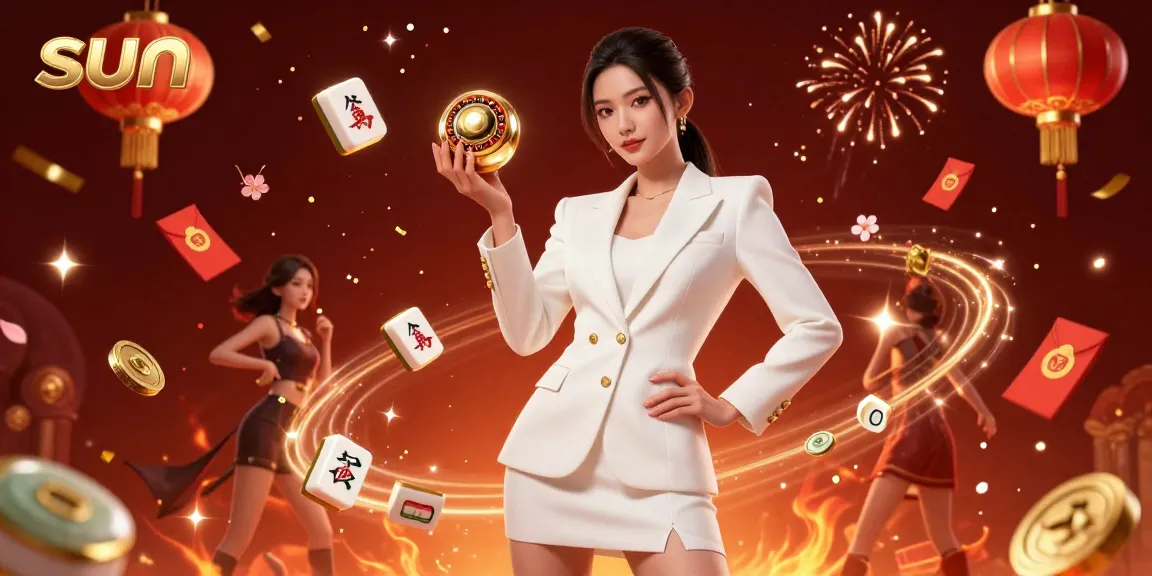 Sun-themed dynamic casino illustration showcasing luxurious elements like roulette and mahjong tiles.
