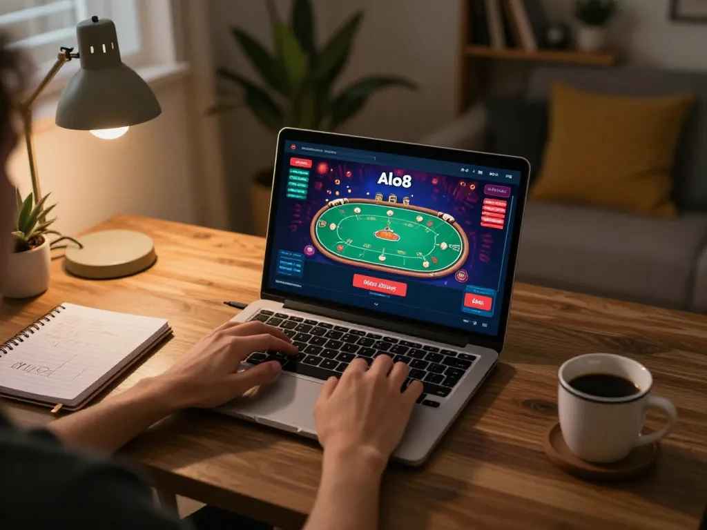 A person enjoying online poker at home using alo8 center on a laptop, creating a cozy gaming atmosphere.
