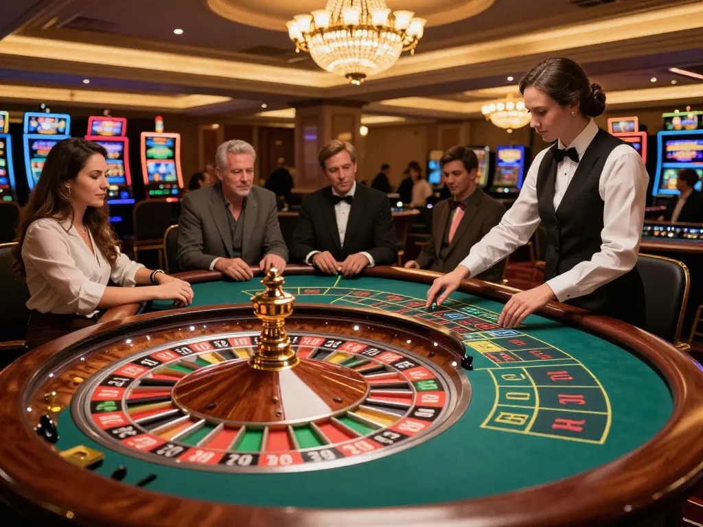 five88 roulette table with players placing bets and croupier managing the game in an upscale casino.