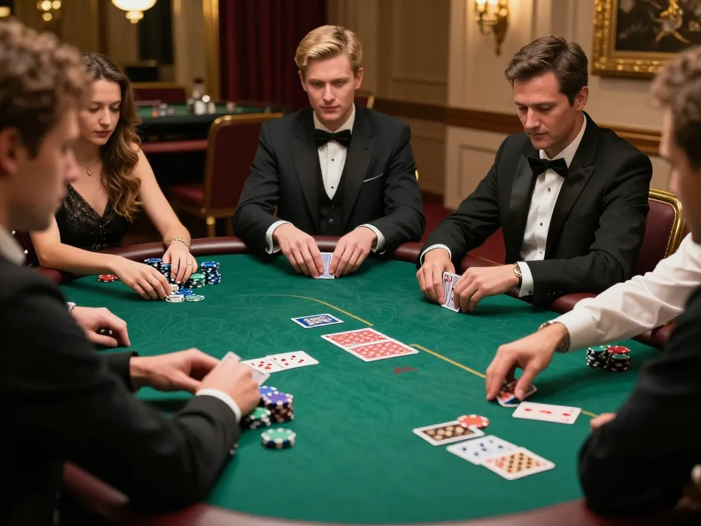 RR88 VIP players enjoying an intense poker game in an upscale casino.