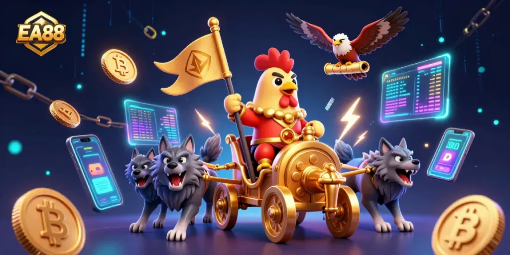 Engage with EA88's vibrant 3D casino scene showcasing a rooster warlord and crypto elements.