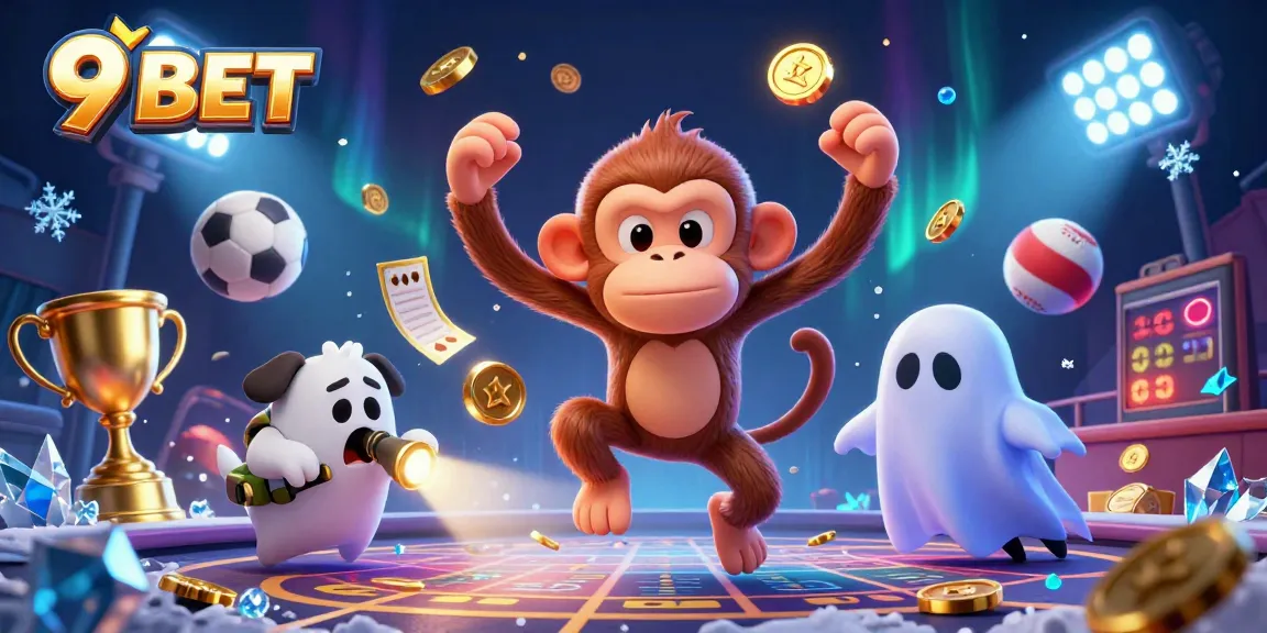 Bet on 9 BET with playful casino elements juggled by a ghostly monkey in a vibrant scene.
