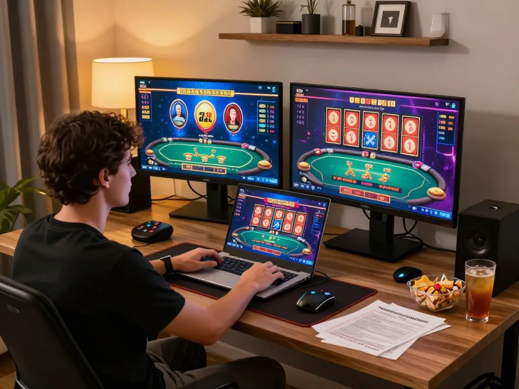 Engaging online gaming scene showcasing a player using 78win on multiple screens for an immersive casino experience.