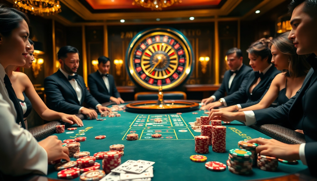 Players engaging in a high-stakes game bài, surrounded by colorful chips and cards in a vibrant casino.