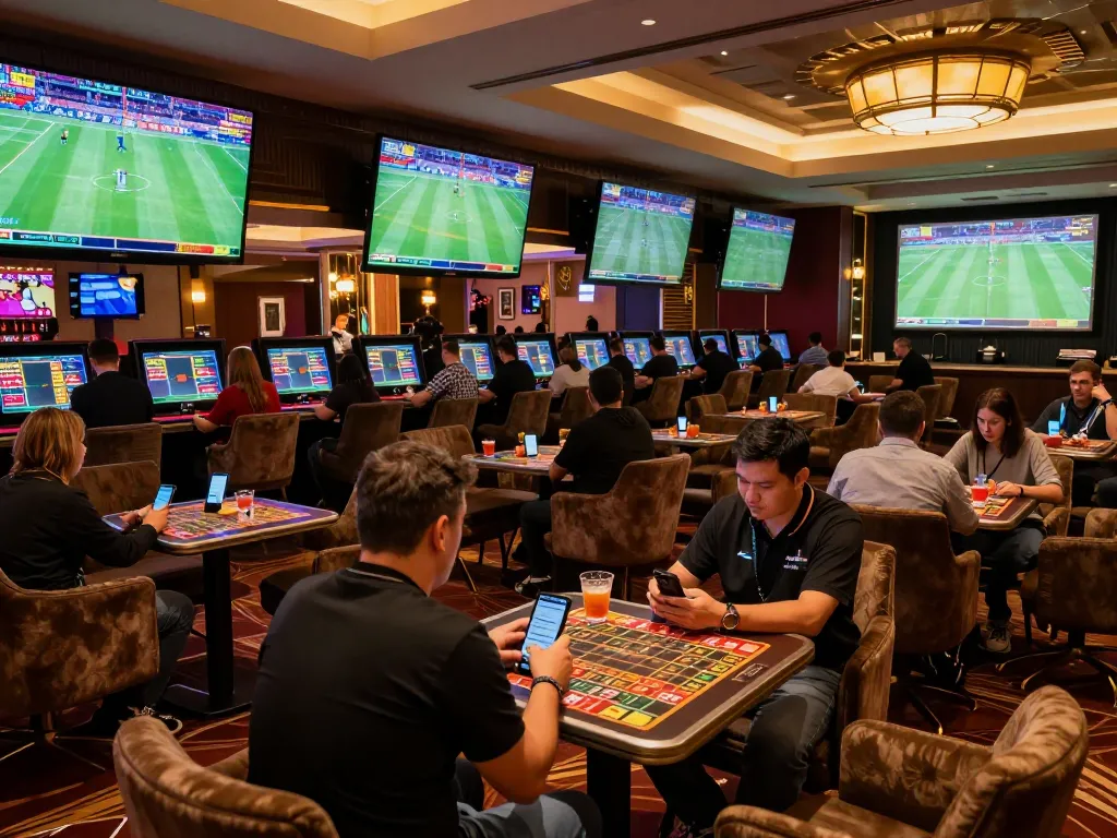 Dabet sports betting lounge showcasing fans analyzing odds during live games.