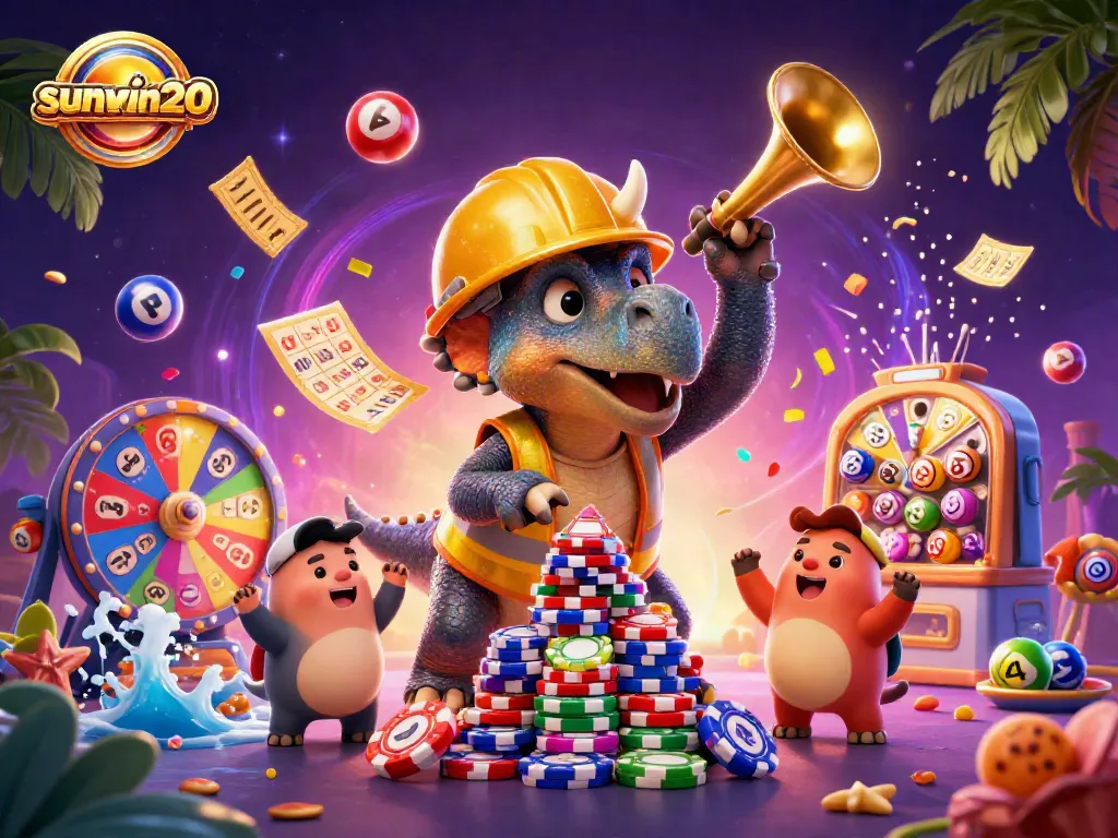Join the excitement at sunwin20 with a vibrant casino scene featuring colorful games and joyful characters!