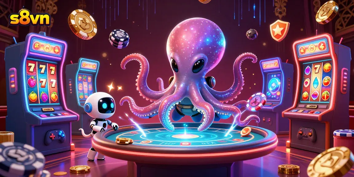 Experience thrilling gameplay with s8vn's vibrant alien octopus at a holographic poker table.