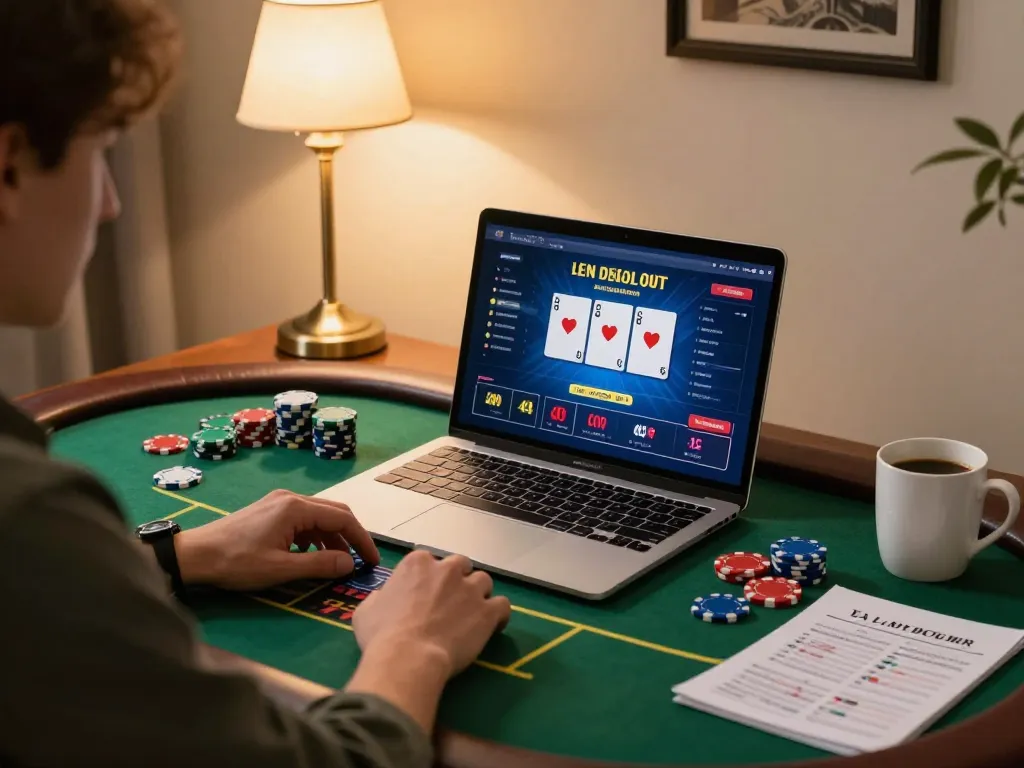 uu88 player engaged in online poker, showcasing strategy notes and colorful chips in a cozy home environment