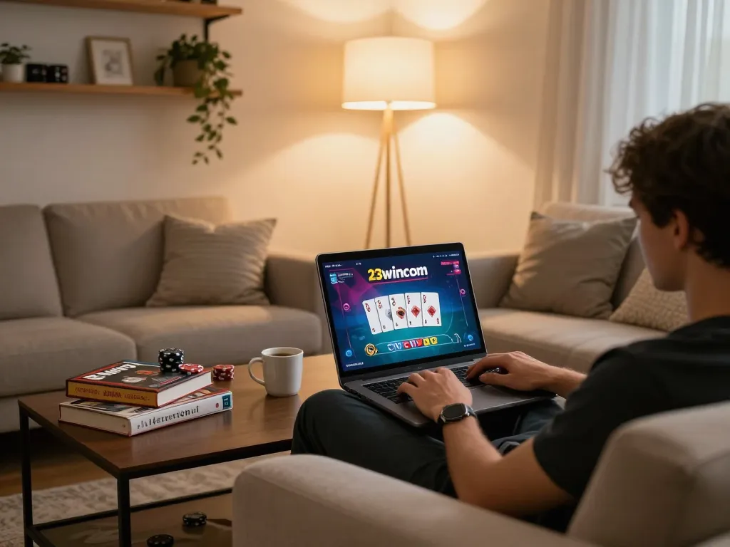 Engaging in online poker gaming session on 23wincom with cozy atmosphere and strategic notes