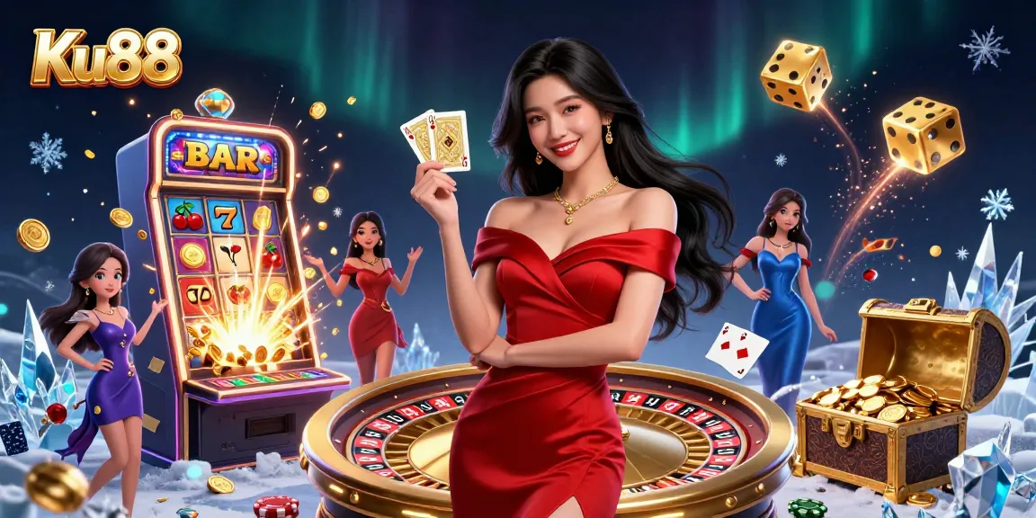 Experience thrilling moments at Ku88 with a stunning young woman showcasing casino excitement while holding a golden card.