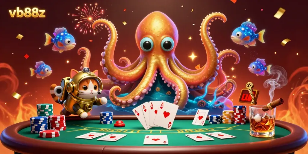 Experience the thrill of vb88z with a vibrant casino scene featuring a kraken, diving cat, and poker elements.