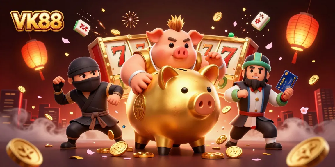 VK88 casino features an energetic scene with a golden piggy bank sumo wrestler and dynamic slot reels.