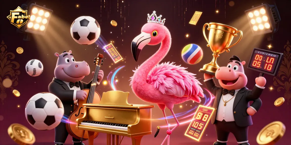 Fabet showcases a vibrant casino scene with a singing flamingo and a hippo bassist amid dynamic sports elements.