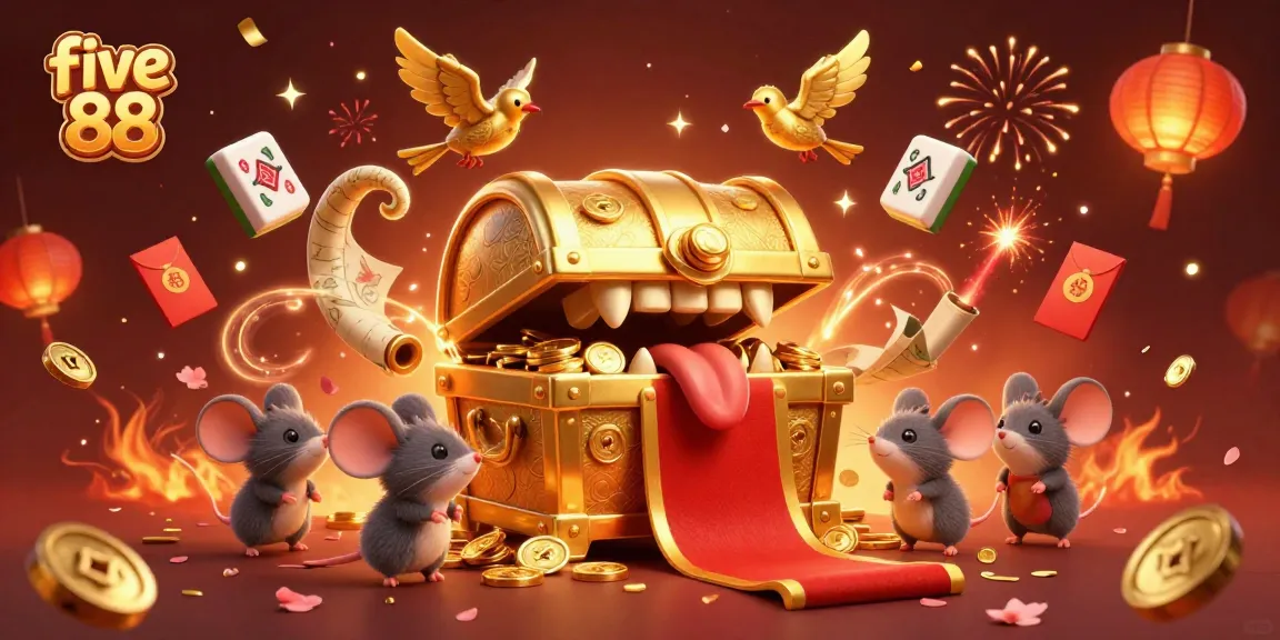 Experience the excitement of five 88 as adventurer mice discover a treasure chest among vibrant casino elements.