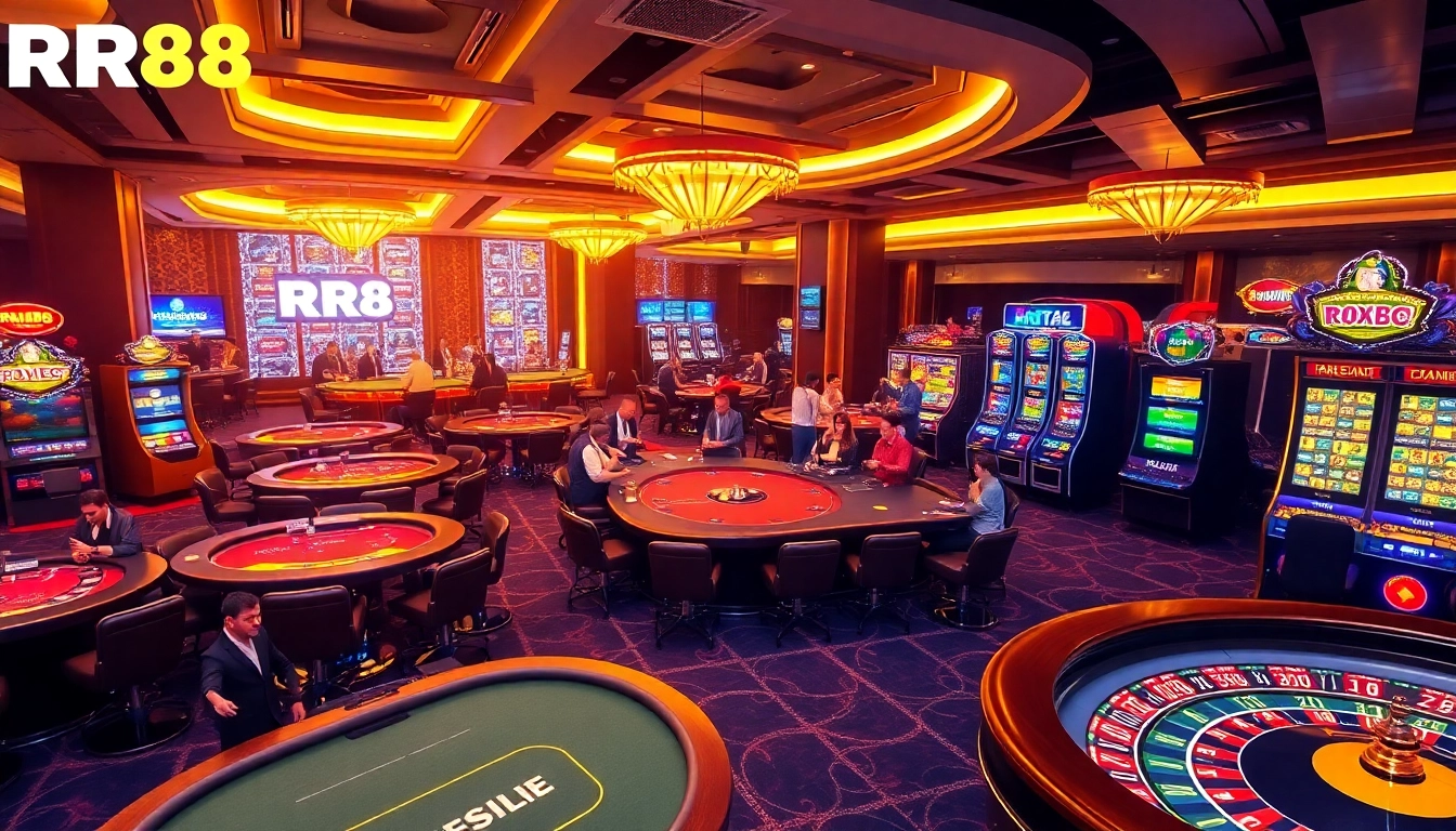 Players enjoying poker and casino games at RR88, highlighting the vibrant gambling atmosphere.