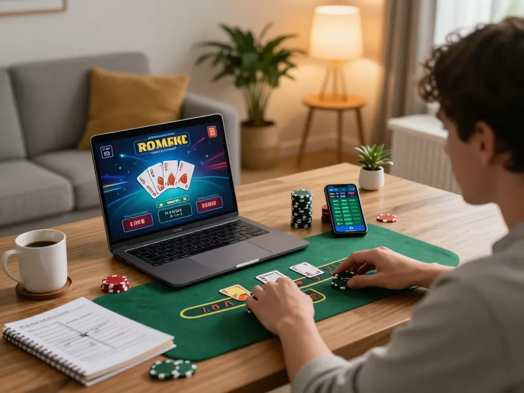 Person enjoying online gambling with DA88 strategy notes and lively gameplay on laptop