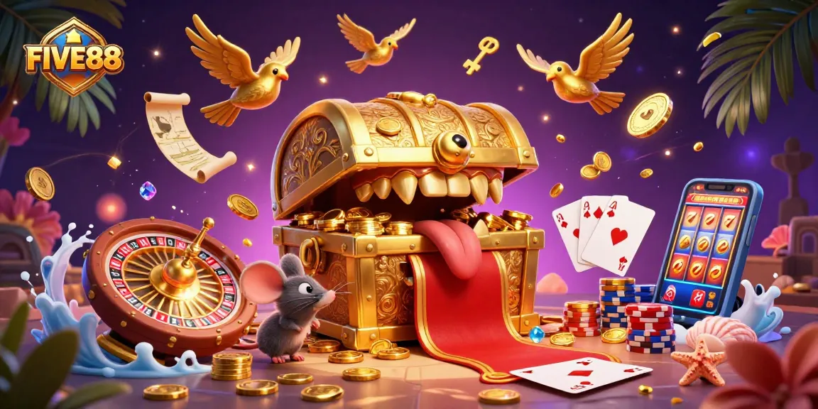 Join in the excitement of FIVE88 with a vibrant casino scene filled with treasure and games.