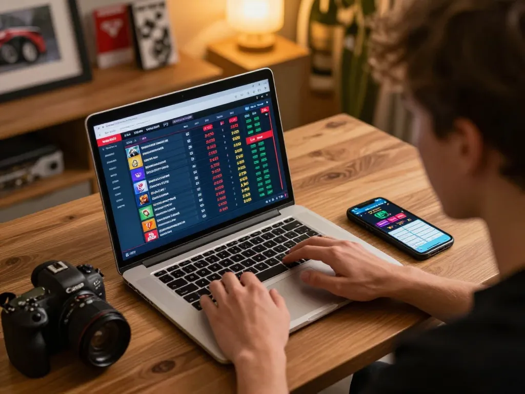 Engaging online sports betting session on da88, featuring laptop displaying live odds and a smartphone beside it.