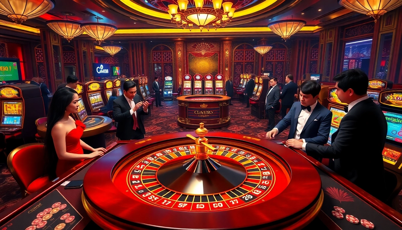Engage with CM88 gaming at a luxurious casino featuring roulette and poker tables packed with excitement.